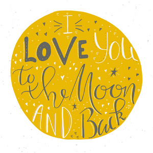 我爱你到月亮和背部。情人节手绘节日贺卡。矢量插图