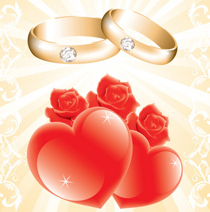 婚礼主题与金戒指玫瑰和心