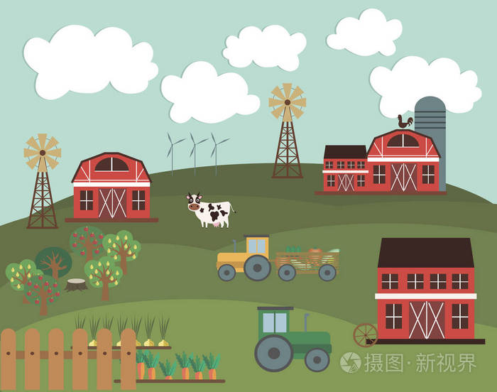 农场农业景观卡与农夫产品,新鲜农场蔬菜和水果天然食品卡通.矢量图