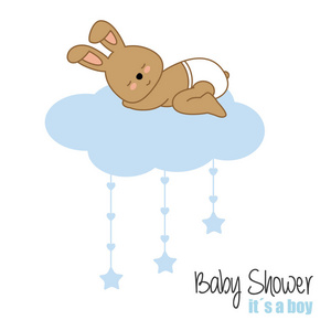 婴儿沐浴男孩。兔子睡在云顶
