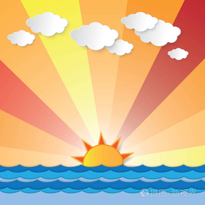 日出日落在海洋和海洋的地平线上.阳光照射到多云的天空.矢量图形设计