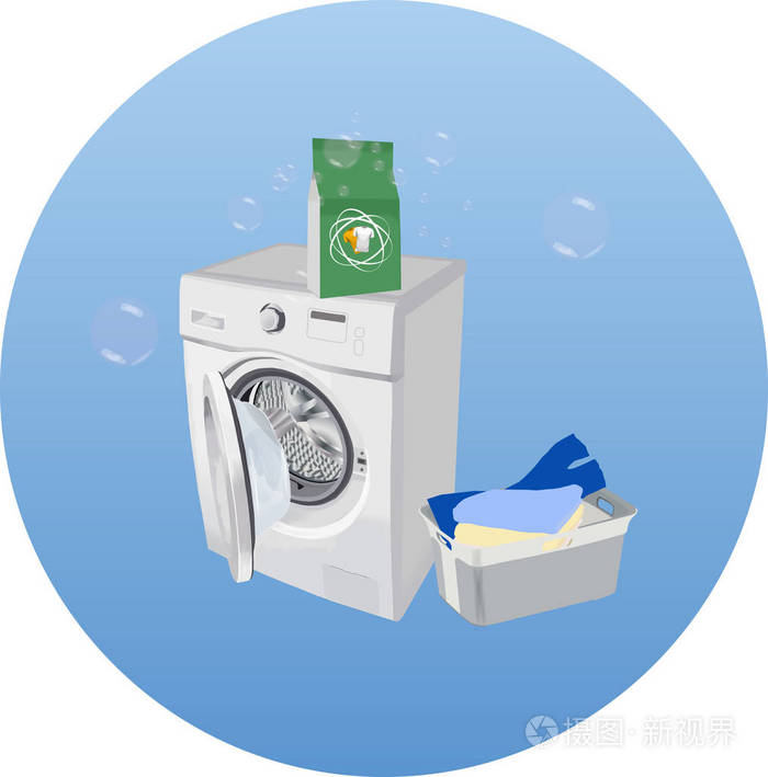 用粉末和干净衣服的容器画一台洗衣机