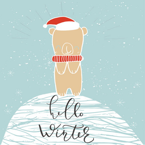 有趣的北极熊与手绘刻字, 报价您好冬天在下雪背景。可爱的插图为卡, 海报, tshirt 设计, 横幅或家居装饰元素。矢量排版