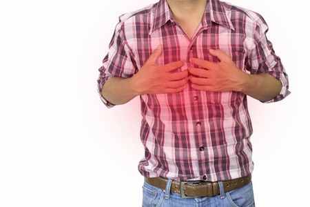 建筑工人患有胸痛重度心脏疼痛白色背景攻击healtcare疾病及挽救