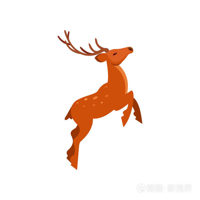 褐色斑点鹿与鹿角跳跃, 野生动物卡通矢量插图
