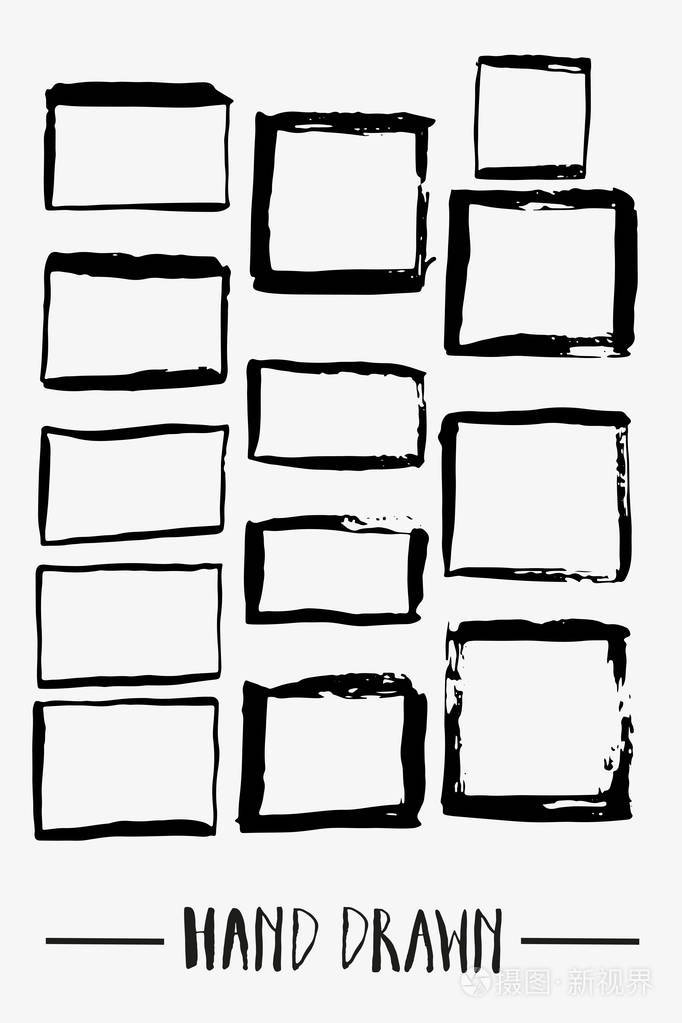 手绘涂鸦一组方块嘟嘟帧孤立在白色背景矢量插图垃圾黑框文本框和框架