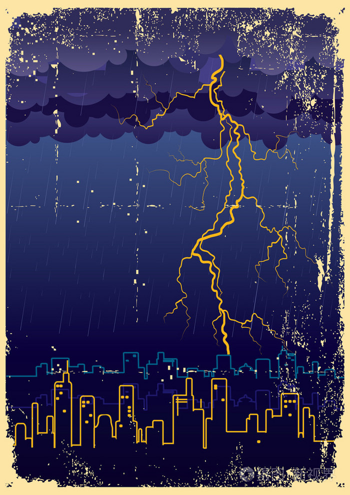 闪电和雨中大 city.vintage