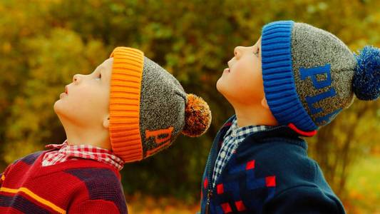 两个小男孩在秋季公园戴帽子