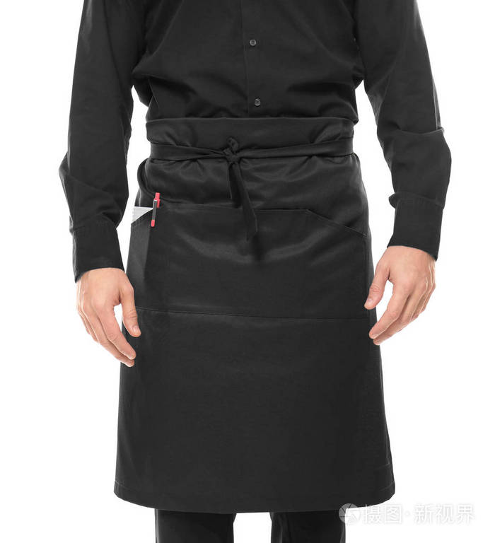 黑围裙的侍者在白色背景