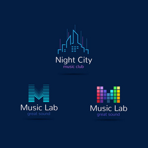 音乐俱乐部徽标模板。创意均衡器音乐工作室品牌标志和夜城市标志。矢量音乐制作标志集