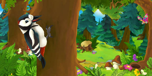 啄木鸟动漫卡通场面与愉快和滑稽的啄木鸟在森林例证为孩子照片