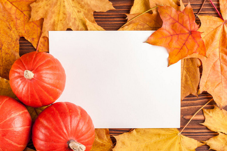 秋天水平的横幅与黄色叶子, 橙色南瓜在木纹理背景