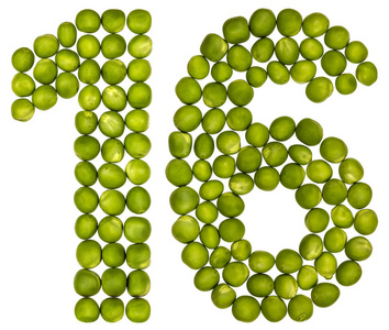 豌豆上白色隔离阿拉伯数字 16, 十六, 从绿豌豆, 在白色 b 上隔离照片