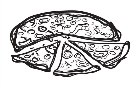 披萨矢量速写.快餐食品.手在白色背景上的绘制的插图照片
