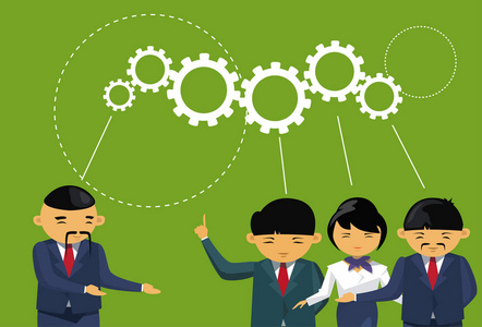 亚洲商界人士集思广益会议齿轮轮背景团队思考新想法照片