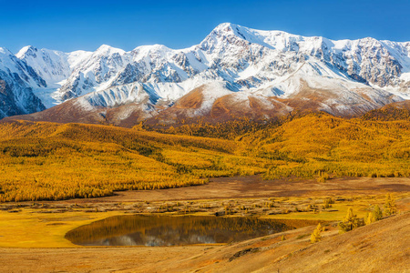 山谷中的一个湖泊, 位于积雪覆盖的山脉下。阿尔泰, 俄罗斯