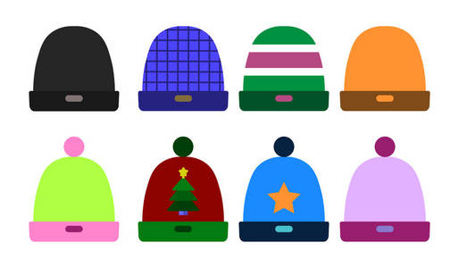 针织彩帽冬集时尚饰品。运动滑雪帽平板设计