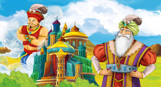 卡通场面与王子或国王会议城堡的魔法师统治者例证为孩子