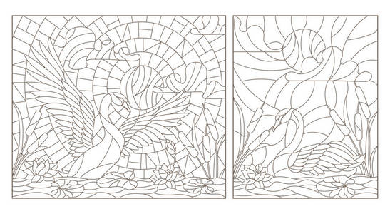 背景天空和太阳的池塘上的天鹅和荷花的彩色玻璃的轮廓插图