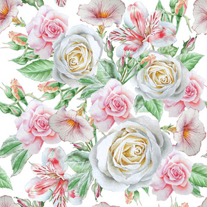无缝花纹花。玫瑰.Alstroemeria水彩插图