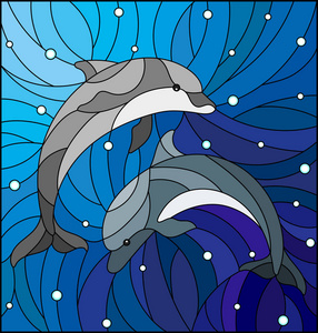 水和气泡背景下两只海豚的彩色玻璃风格插图照片