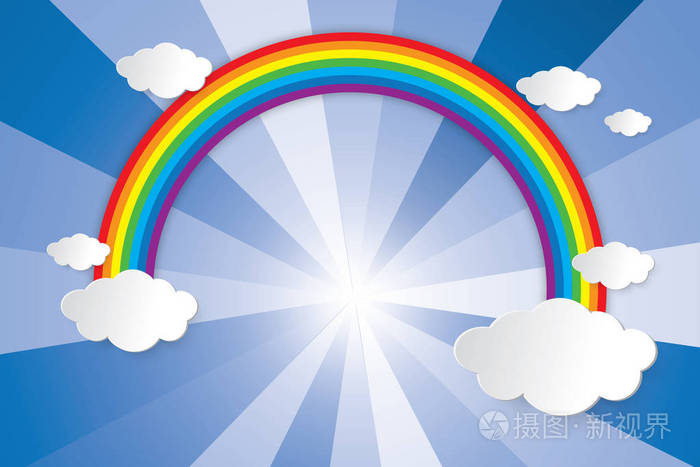彩虹上的云和夏日的阳光闪耀的图形设计矢量背景如天堂与天堂