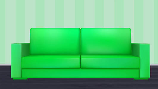 绿色现代豪华沙发, 客厅, 接待或休息室。带条纹墙纸背景的室内单物体的逼真图标, 3d 插图