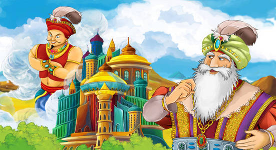卡通场面与王子或国王会议城堡的魔法师统治者例证为孩子