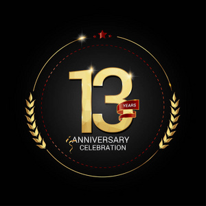 13年金周年纪念标志与红色丝带, 低聚设计数字, 媒介例证在黑背景照片