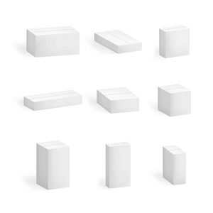 逼真详细的3d 模板空白的白色纸板盒设置。矢量