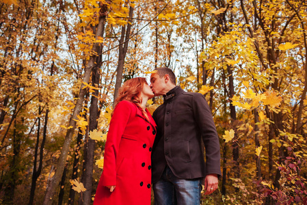 对年轻的夫妇在秋天的树林，多彩的树丛中之吻