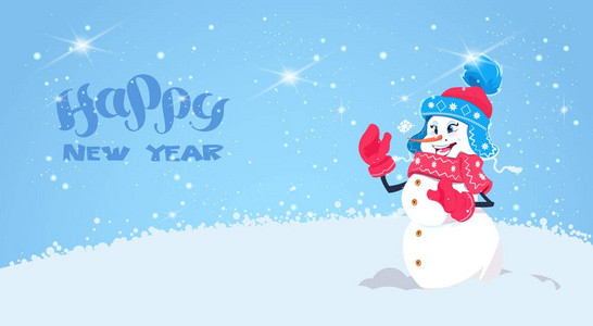 新年贺卡与逗人喜爱的女孩雪人佩带冬天帽子和围巾假日装饰