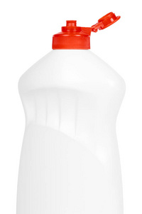 洗碗机洗涤剂瓶在白色背景隔绝。家务和卫生概念