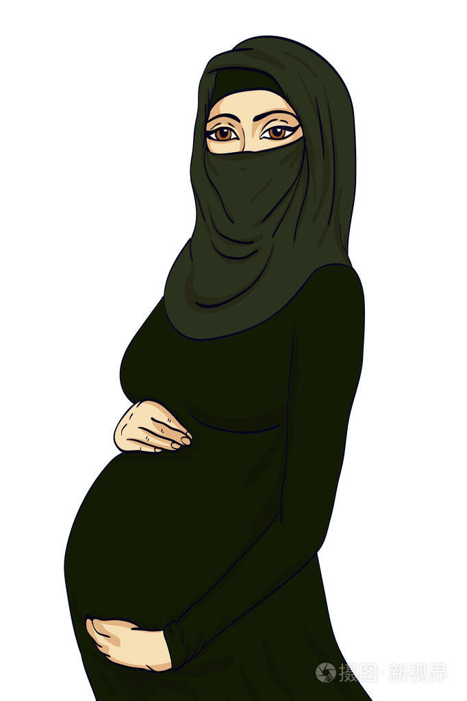 插图阿拉伯穆斯林怀孕妇女在头巾准备为产妇.等待婴儿出生
