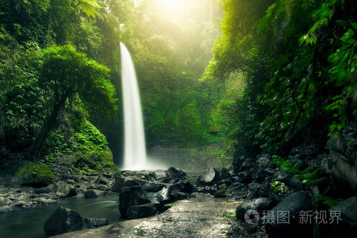 美丽的大瀑布在绿色森林。自然风景