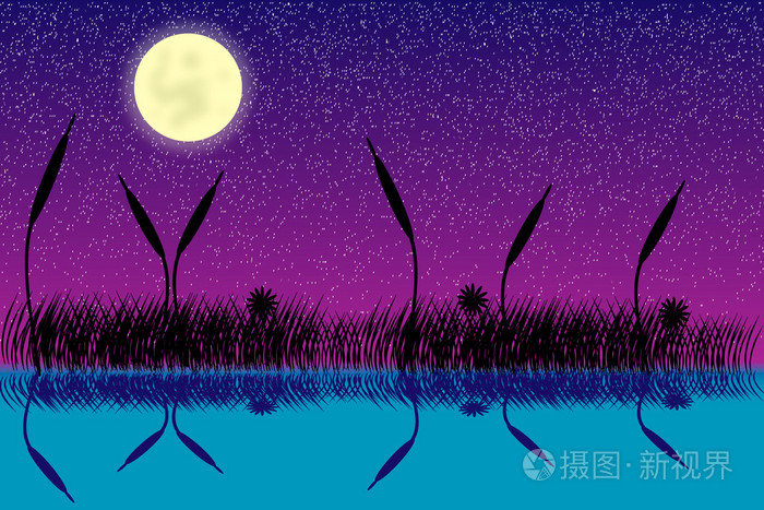 湖边夜景,草地剪影