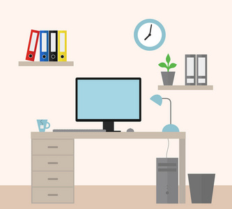 用设备作为经理工作的办公室的向量图-平面设计照片