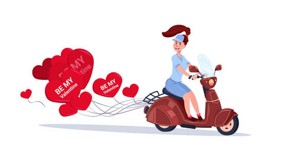 女子骑复古摩托车与心形空气气球快乐情人节概念