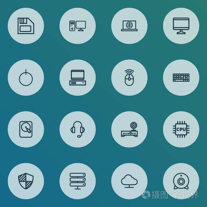 硬件图标线样式设置与电源, pc, 软盘和其他耳机元素.