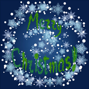 冷杉的枝条圆形框架中的雪花飘落在蓝色的背景，从碑文圣诞快乐暴雪