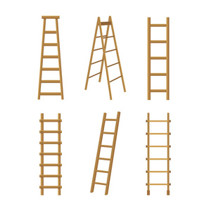 逼真详细的3d 木梯不同类型设置。矢量