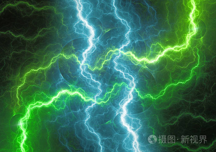 蓝色和绿色闪电力量和血浆背景