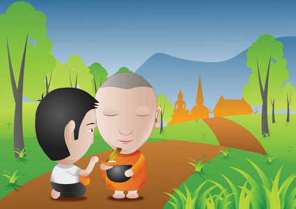 和尚化缘轮或接收在早上与佛僧多彩 background.the 原理实践的人照片