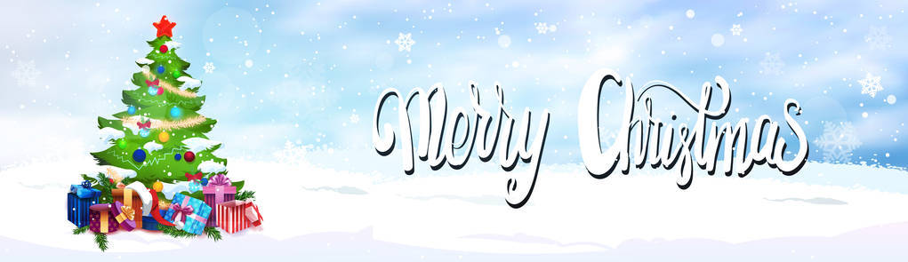 圣诞横幅松树装饰带五颜六色的球在降雪背景