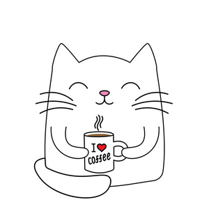 剪影逗人喜爱的小猫与杯子咖啡图片