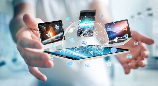 将科技设备连接到彼此的 3d 渲染的商人照片