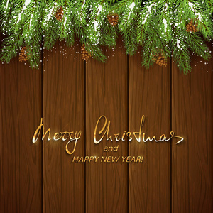 圣诞装饰品与冷杉树分支和雪在褐色 w