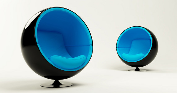 两把现代蓝茧球椅，白色背景隔离