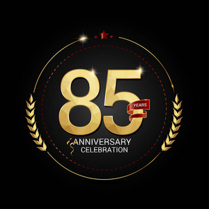 85年金周年纪念标志与红色丝带, 低聚设计数字, 媒介例证在黑背景照片