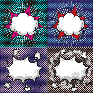流行艺术元素设置。漫画模板。对话框。爆炸.景气向量图